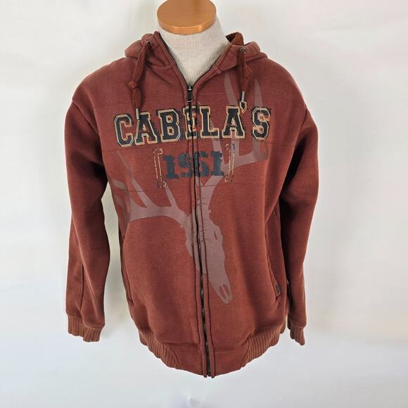 Cabela's Hoodie Jacket Men's M Brown Rustic Fleece Lined Full Zip Up Graphic - Picture 1 of 15